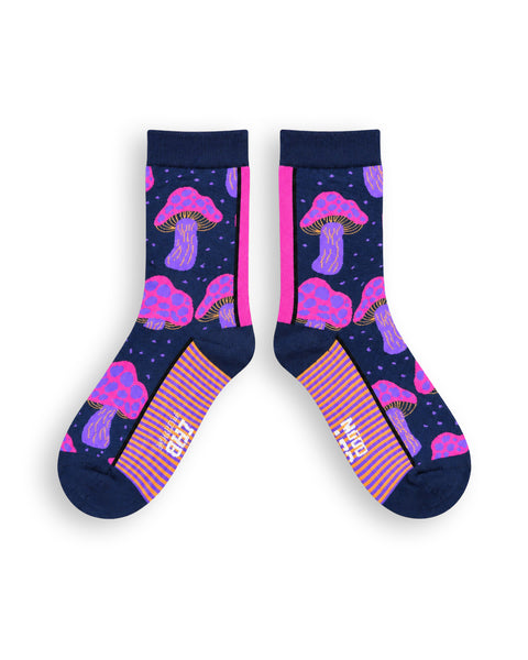 Navy socks with bright pink and purple mushroom prints and a striped sole