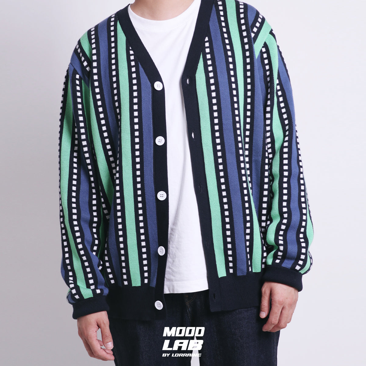 トップス LLL LAB V-Neck Stripe Stitched Cardigan LLL LAB V-Neck Stripe Stitched Cardigan Navy Belmont Striped